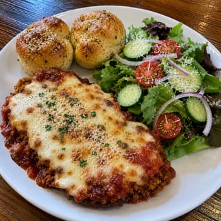 Lunch Eggplant Parmigiana (2 Garlic Knots + Side Salad)